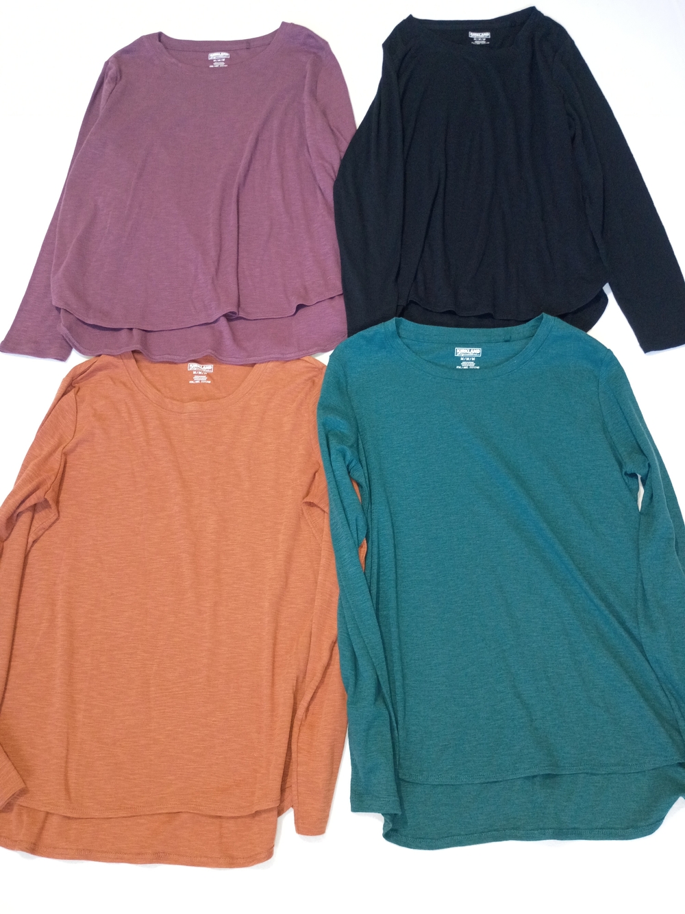 Kirkland Signature Long-Sleeve Layered Hem Tops - Black, Plum, Teal, Rust